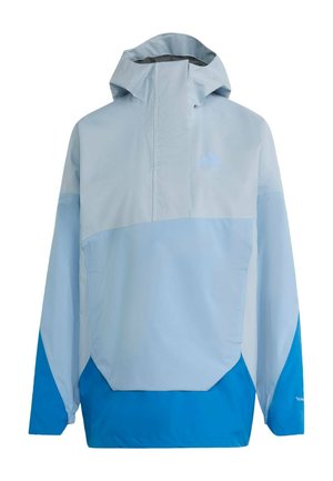 Svijetloplava i plava vjetrovka s kapuljačom, prednjim džepom, polu-zip zatvaračem, dugim rukavima i elastičnim manžetnama.
