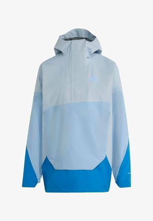 Svijetloplava i plava vjetrovka s kapuljačom, prednjim džepom, polu-zip zatvaračem, dugim rukavima i elastičnim manžetnama.