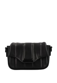 Sort quiltet crossbody taske med klaplukning, fremstillet af glat lædermateriale, med en blank accent og justerbar rem.