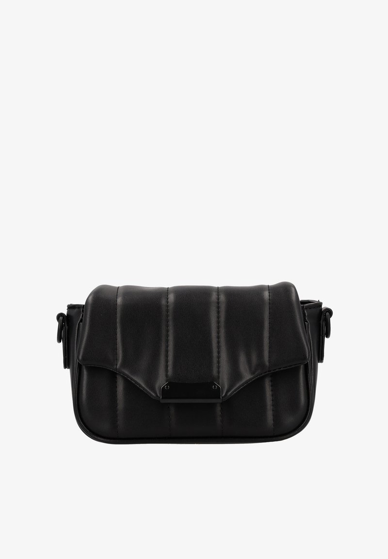 Schwarze, gesteppte Umhängetasche mit Klappenverschluss, aus glattem Leder, mit glänzendem Akzent und verstellbarem Riemen.