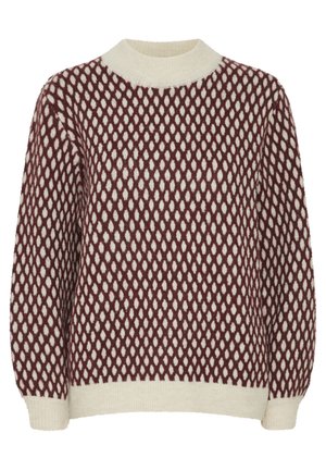 Knit sweater featuring a maroon and cream diamond pattern, round neck, and ribbed cuffs with a textured finish.