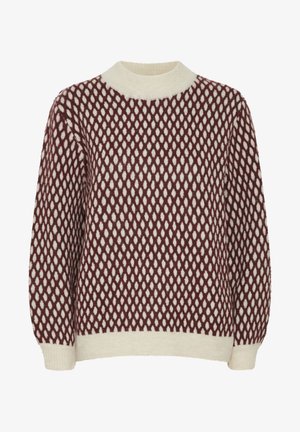 Pull en tricot avec un motif en losanges bordeaux et crème, col rond et poignets côtelés avec une finition texturée.