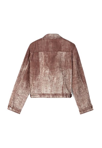 Brown denim jacket with a faded, textured pattern, long sleeves, and a classic collar. Features buttoned cuffs and a cropped design.