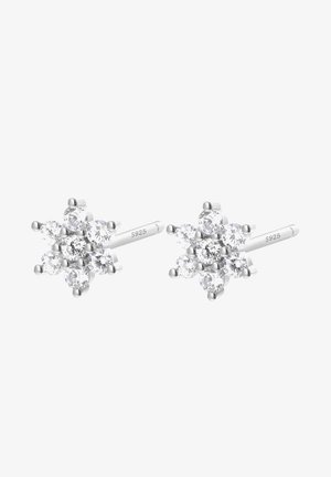Pendientes de botón de plata de ley con un diseño de copo de nieve, adornados con cristales claros redondos, que destacan por un acabado pulido y seis acentos en forma de pétalos.