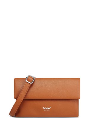 Brown textured leather crossbody bag with a silver-tone buckle and central logo. Features a flap closure and adjustable strap.