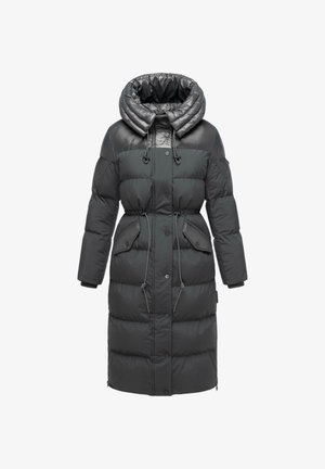 Puchowa kurtka w ciemnoszarym kolorze, z dużym pikowanym kapturem, sznureczkami, kieszeniami bocznymi oraz ściągnięciem w talii z zapięciem na guziki.