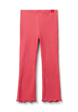 Leggings rosa a costine con fondo a zampa. Vita elastica e un'etichetta con logo in vita. Tessuto morbido e testurizzato.