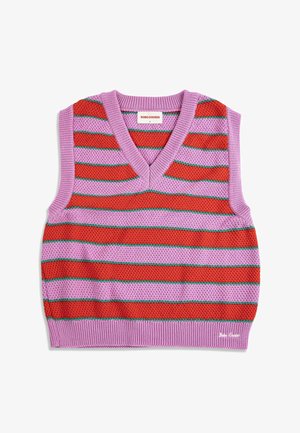 Gilet sans manches tricoté avec des rayures horizontales violettes et rouges et un col en V.