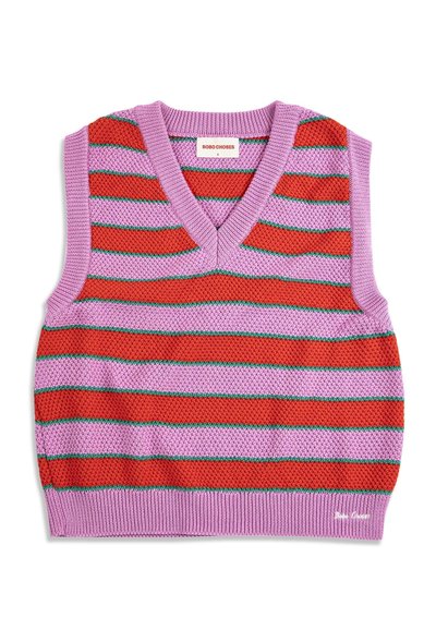 Gilet sans manches tricoté avec des rayures horizontales violettes et rouges et un col en V.