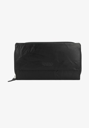 Cartera de cuero negro con textura suave, cierre de cremallera y marca estampada en la parte frontal. Forma rectangular con un diseño minimalista.