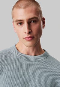 Lichtblauwe gebreide trui met een gestructureerd, wafelpatroon en een geribde ronde hals, getoond op een model met een neutrale achtergrond.
