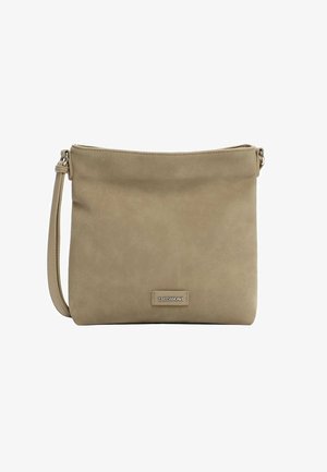 Beżowa miękka skórzana torba na ramię z regulowanym paskiem i małą metalową plakietką z logo EMILY & NOAH na przodzie.