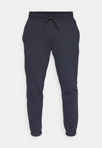 Marineblauwe joggingbroek van zacht materiaal, met een elastische tailleband met een trekkoord, taps toelopende broekspijpen en ribgebreide boorden bij de enkels.