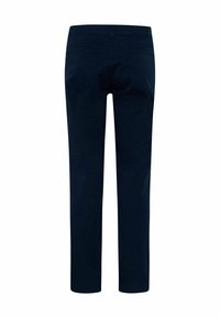 Marina slim-fit byxor med en slät textur, två bakfickor och sömnadsdetaljer längs fickorna och midjebandet.