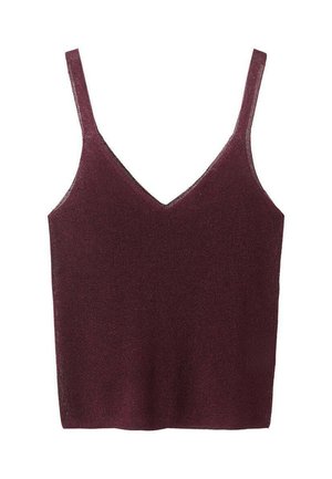 Burgundska pletena majica bez rukava z nastavljivimi tankimi naramnicami, V-izrezom in prilegajočo se silhueto. Mehka tekstura z rahlo rebrasto tkanino.