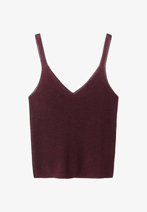 Burgundska pletena majica bez rukava z nastavljivimi tankimi naramnicami, V-izrezom in prilegajočo se silhueto. Mehka tekstura z rahlo rebrasto tkanino.