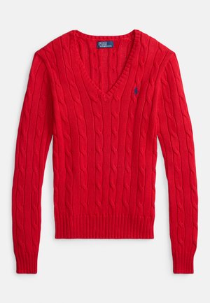 Red cable-knit sweater with a V-neck and ribbed cuffs and hem. Features a small blue polo logo on the left chest.