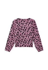 Rosa Pullover mit schwarzem Leopardenmuster. Lange Ärmel, gerippter Ausschnitt und Saum. Sanfte Textur, cropped Schnitt, mit verteilten Blumenformen.