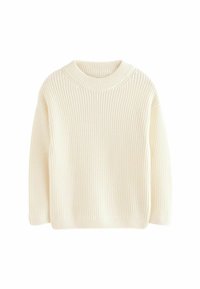 Sweter w kolorze kremowym, wykonany z dzianiny o prążkowanej fakturze. Posiada okrągły dekolt, długie rękawy i luźny krój. Brak widocznych wzorów lub akcentów.