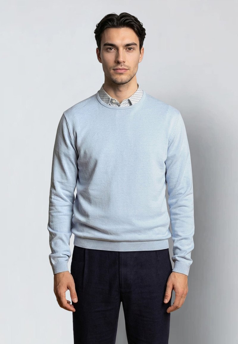 Uomo in piedi rivolto verso avanti che indossa un maglione azzurro chiaro sopra una camicia a collo con fantasia e pantaloni scuri su uno sfondo semplice.