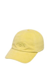 Gorra de pana amarilla con visera curvada y logo bordado en la parte frontal. Tela texturizada con acanalado vertical y detalle de botón en la parte superior.