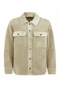Veste chemise en polaire beige avec un col en velours côtelé, deux poches poitrine et une fermeture à boutons-pression. Texture douce avec une coupe décontractée.