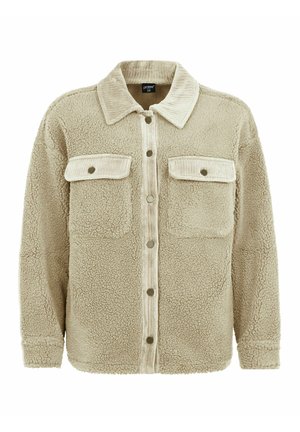 Beige fleece overhemdjasje met een corduroy kraag, twee borstzakken en drukknoopsluiting. Zachte textuur met een relaxed fit.