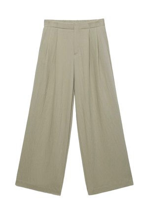 Béžové nohavice so širokými nohavicami, prednými záhybmi, pásom a skrytým predným zapínaním.