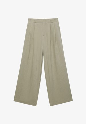 Béžové nohavice so širokými nohavicami, prednými záhybmi, pásom a skrytým predným zapínaním.