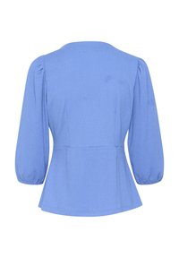 Top blu scuro, con texture, scollatura rotonda, maniche a tre quarti a sbuffo e vita a peplum. Design semplice, senza hardware o motivi visibili.