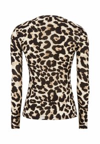 Hosszú ujjú, testhezálló felső bézs és fekete leopárdmintával, hátulról, fehér háttér előtt.