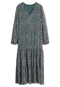 Dunkelgrünes Kleid mit Blumenmuster und langen Ärmeln. Hat einen V-Ausschnitt, Knopfdetails und einen gestuften Rock mit gerafftem Bund und weichem Stoff.