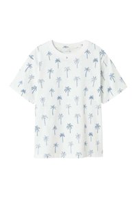 T-shirt blanc à manches courtes présentant un motif répétitif de palmiers bleus. Fabriqué en coton doux, avec une coupe décontractée et un col rond.