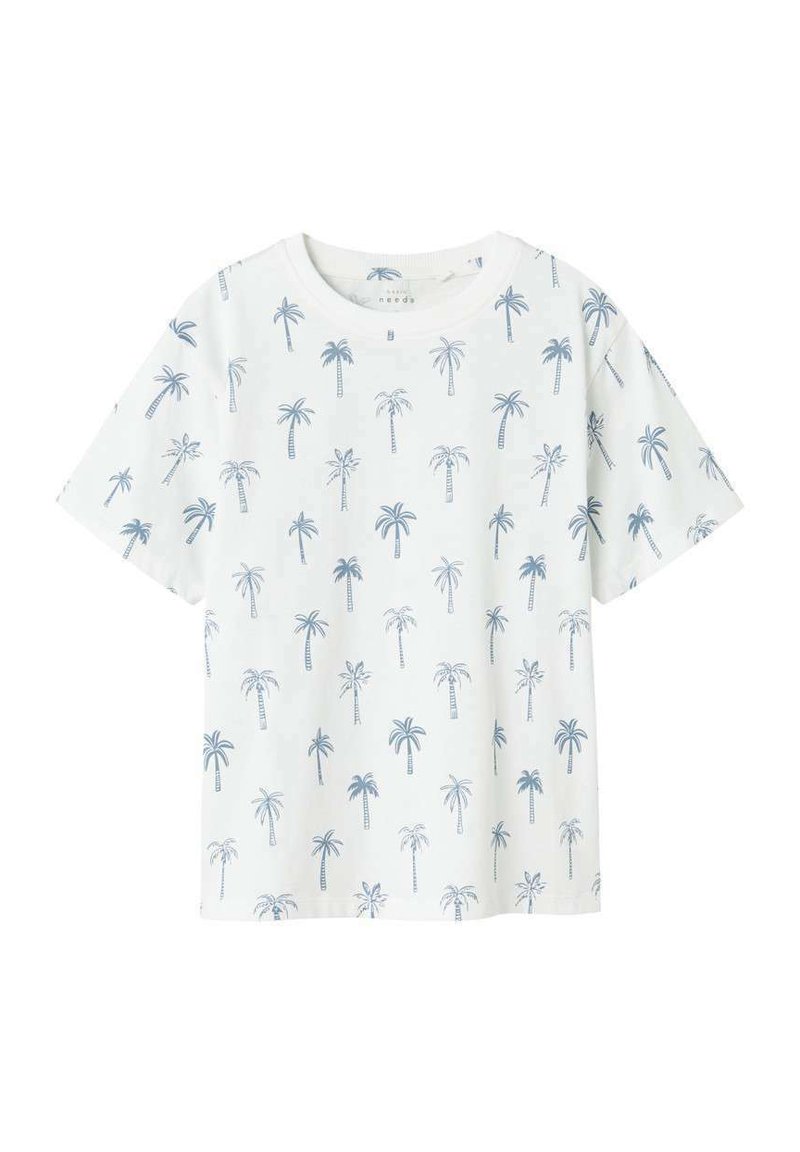 T-shirt blanc à manches courtes présentant un motif répétitif de palmiers bleus. Fabriqué en coton doux, avec une coupe décontractée et un col rond.