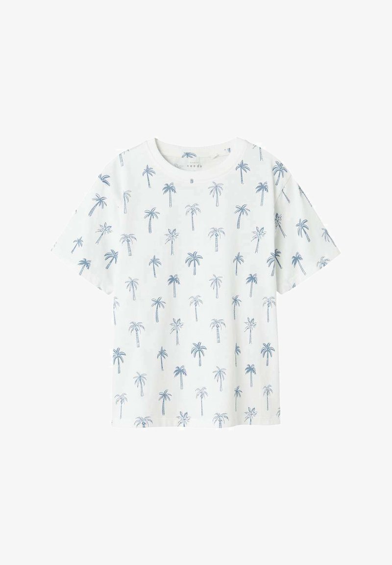 T-shirt blanc à manches courtes présentant un motif répétitif de palmiers bleus. Fabriqué en coton doux, avec une coupe décontractée et un col rond.