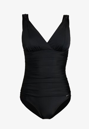 Schwarzes Badeanzug mit tiefem V-Ausschnitt, gerafftem Stoff an der Taille, breiten Trägern und einer glatten, dehnbaren Textur.
