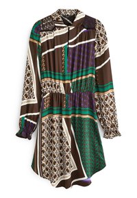 Vestido de camisa de manga larga con patrones geométricos en tonos marrón, verde, púrpura y beige, que cuenta con un cuello y puños elásticos.