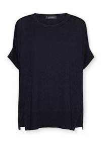 Zwarte, kortärmige gebreide trui met ronde hals en zijsplitten, gelabeld Elena Mirò.