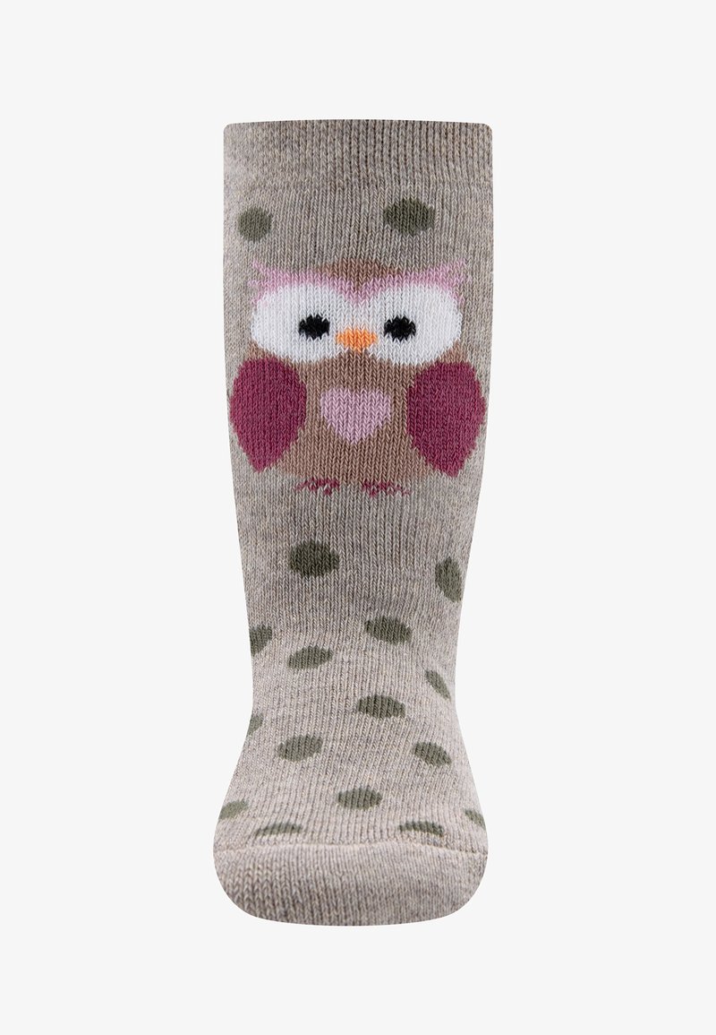 Skarpetki do kolan z beżowej dzianiny, z różowym i brązowym wzorem sowy oraz zielonymi kropkami na całej długości.