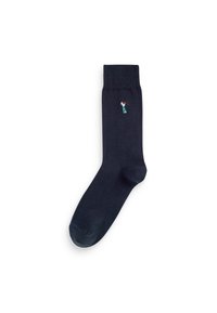 Navy blue sock with ribbed cuff, featuring a small embroidered design of a golfer on the side. Made from soft, stretchy material.