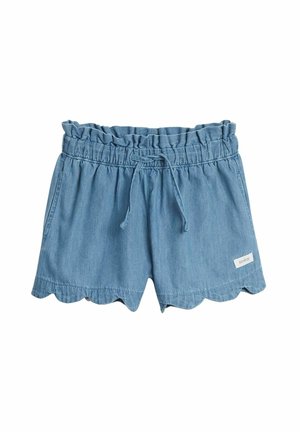 Denim shorts with a scalloped hem, elastic waistband, and drawstring. Features light blue fabric and two side pockets.