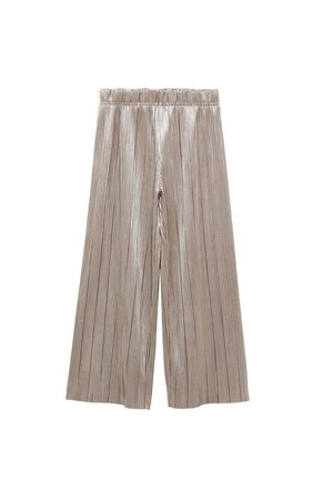 Pantalon large beige métallique à plis verticaux avec taille élastique, longueur cheville, présenté à plat sur fond blanc.