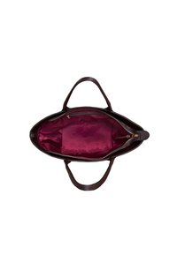 Brun læder tote bag med to håndtag, fuldt lynlåset; dyb burgunder satin indvendig med en lille lynlås lomme og glat tekstur.