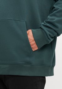 Sudadera verde con capucha, bolsillo tipo canguro, puños y dobladillo acanalados, textura suave y corte relajado. Sin logotipos ni patrones visibles.