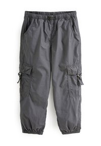 Pantaloni cargo gri închis, cu talie elastică, buzunare laterale și manșete ajustabile. Dispune de buzunare cargo cu închideri prin apăsare și inele.