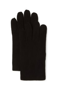 Guanti neri in morbida suede, con cinque dita, bordi grezzi e cuciture ordinate lungo le cuciture. Design classico per il calore.
