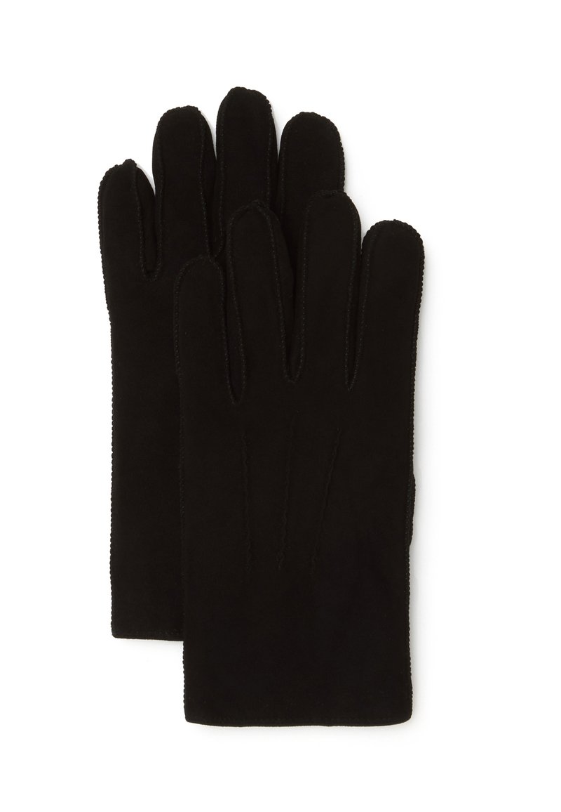 Guanti neri in morbida suede, con cinque dita, bordi grezzi e cuciture ordinate lungo le cuciture. Design classico per il calore.