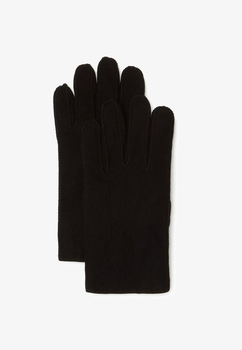 Guanti neri in morbida suede, con cinque dita, bordi grezzi e cuciture ordinate lungo le cuciture. Design classico per il calore.