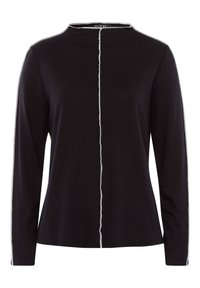 Long-sleeve black top with a high collar, featuring a central seam and contrasting white stitching along the sides. Soft, smooth texture.