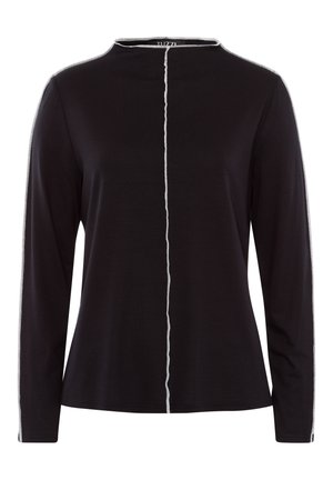 Schwarzes Langarm-Oberteil mit hohem Kragen, das eine zentrale Naht und kontrastierende weiße Nähte entlang der Seiten aufweist. Weiche, glatte Textur.